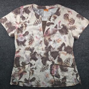 Elan by Barco Scrub Top Womens Size M Brown Feather Eyelet Embroidered V-Neck
